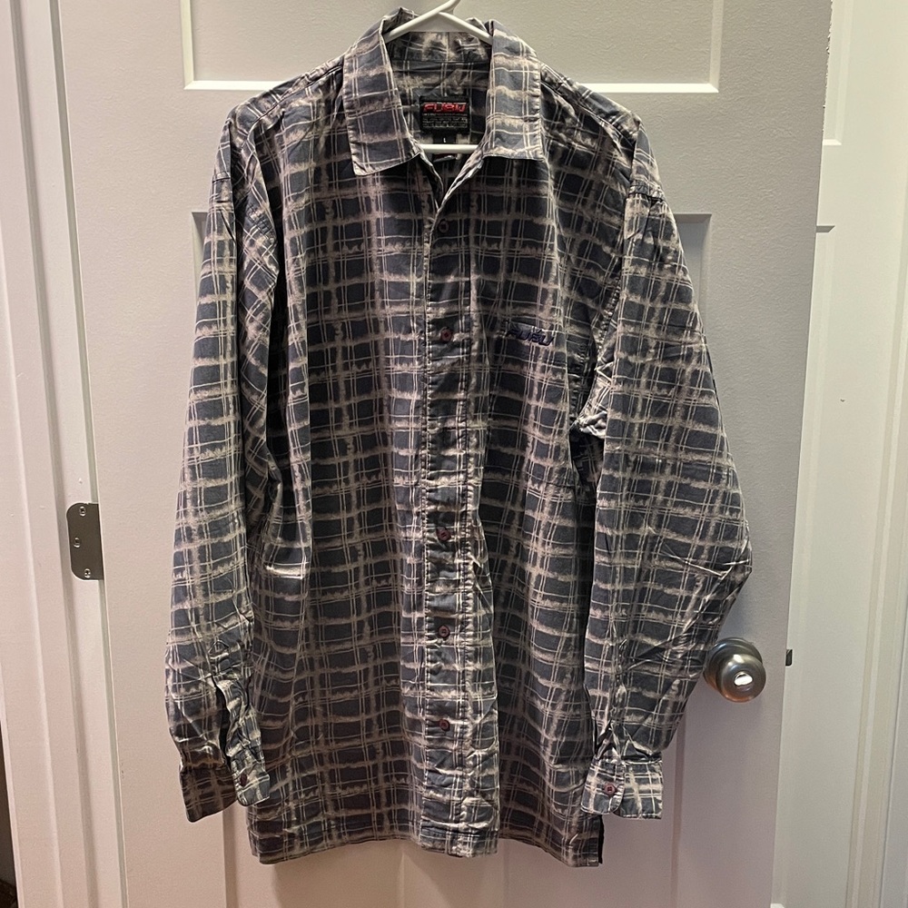 Vintage FUBU Grid Button-Up Shirt in Blue Gray Cream. Rare Size L. 100% Cotton.